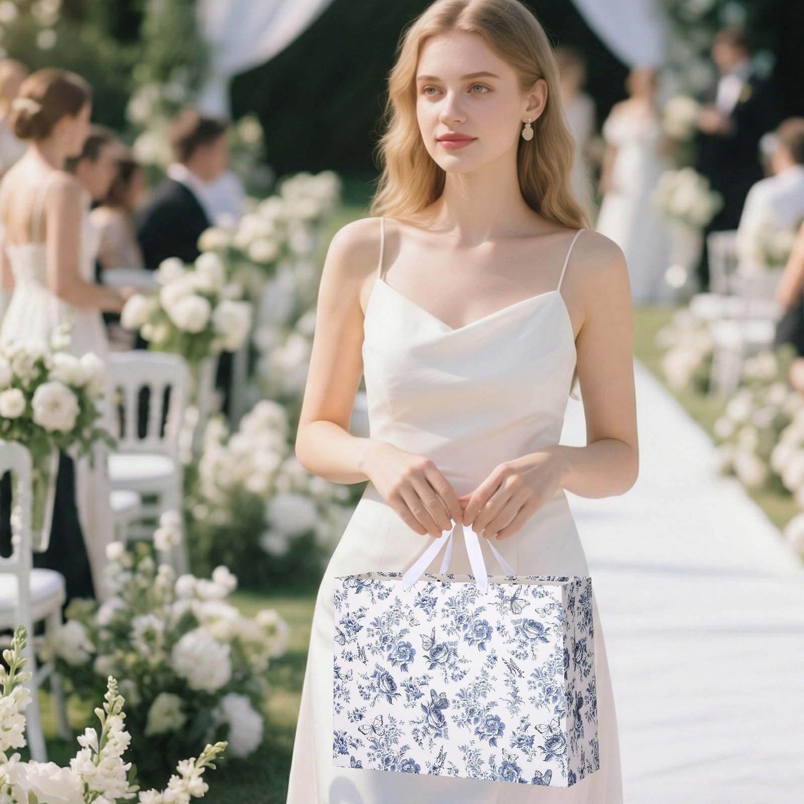 woric 14.5" Large Bridal Shower Gift Bag, Blue Floral Wedding Gift Bag with Greeting Card and Tissue Paper for Women Wedding Engagement Gifts