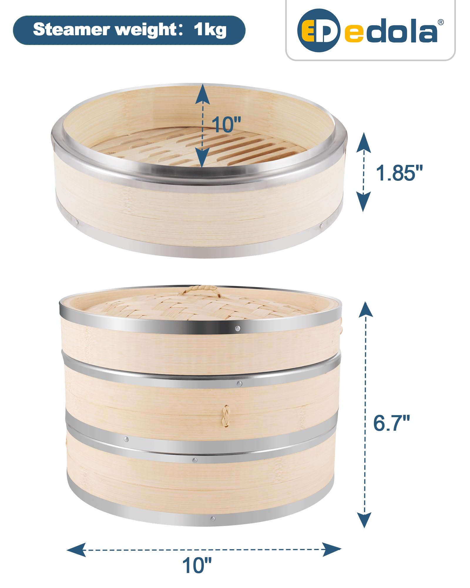 edola Bamboo Steamer Basket Set 10 inch Steamer for Food Cooking with Stainless Steel Ring, with Chopsticks Sauce Dishes Dumpling Making Tools, 2-Tier Steam Basket for Dim Sum Dumplings Buns Chinese Asian Food