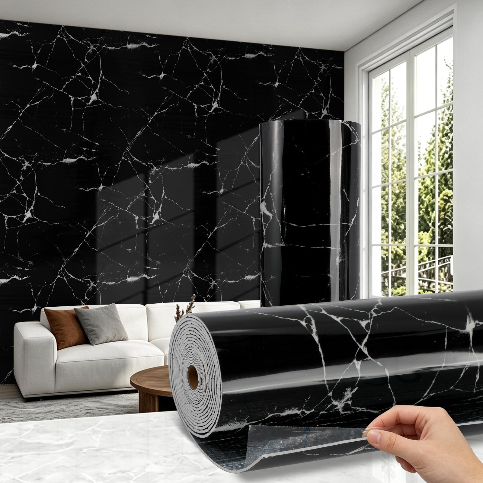 Trafagala 2 Roll Thick Self Adhesive Bathroom Wallpaper Waterproof Black Marble Vinyl Wrap Damp Proof Foil Backed Anti Mould Wall Covering Thermal Wallpaper Peel and Stick to Cover Bad Walls Kitchen