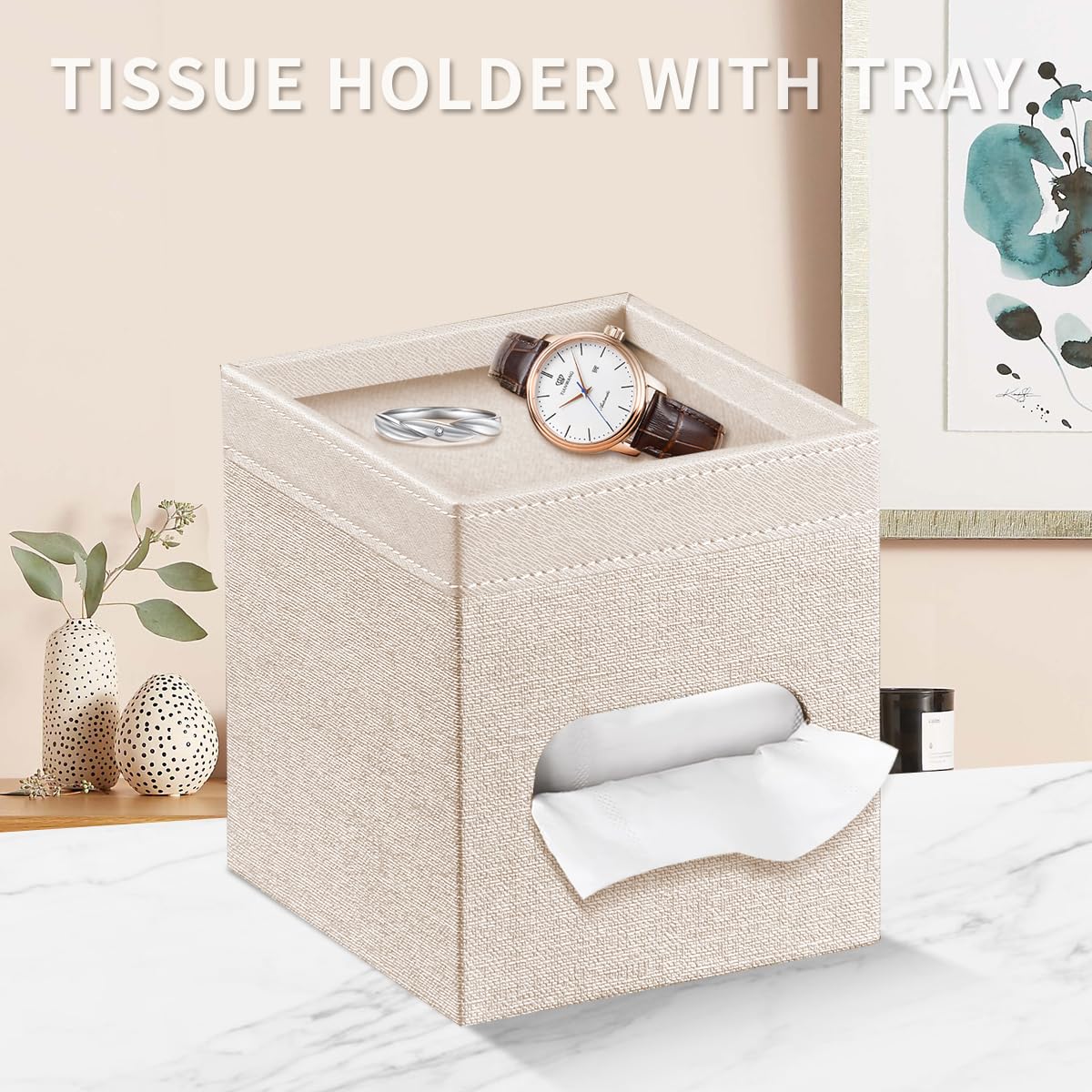PU Leather Square Tissue Box Cover with Storage Tray,Modern Decorative Tissue Holder for Bathroom Vanity Night Stands, Office Desk,Stylish Tissue Holder for Home & Office Décor