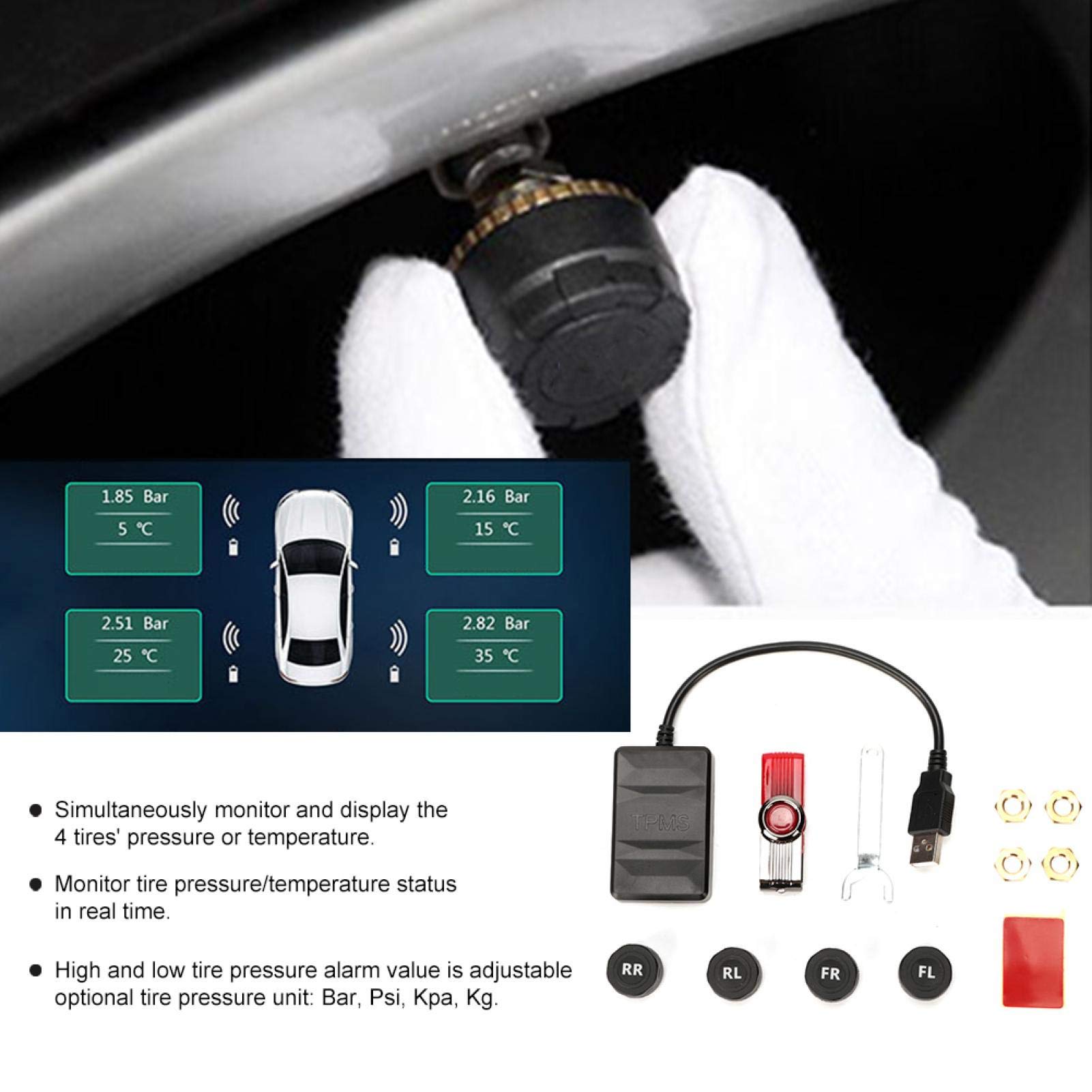 Reifendruckkontrollsystem, Akozon USB TPMS Reifendruckkontrollsystem, TPMS-Überwachungsalarm Reifendruck-Alarmsystem mit externem Sensor für Android-Navigation