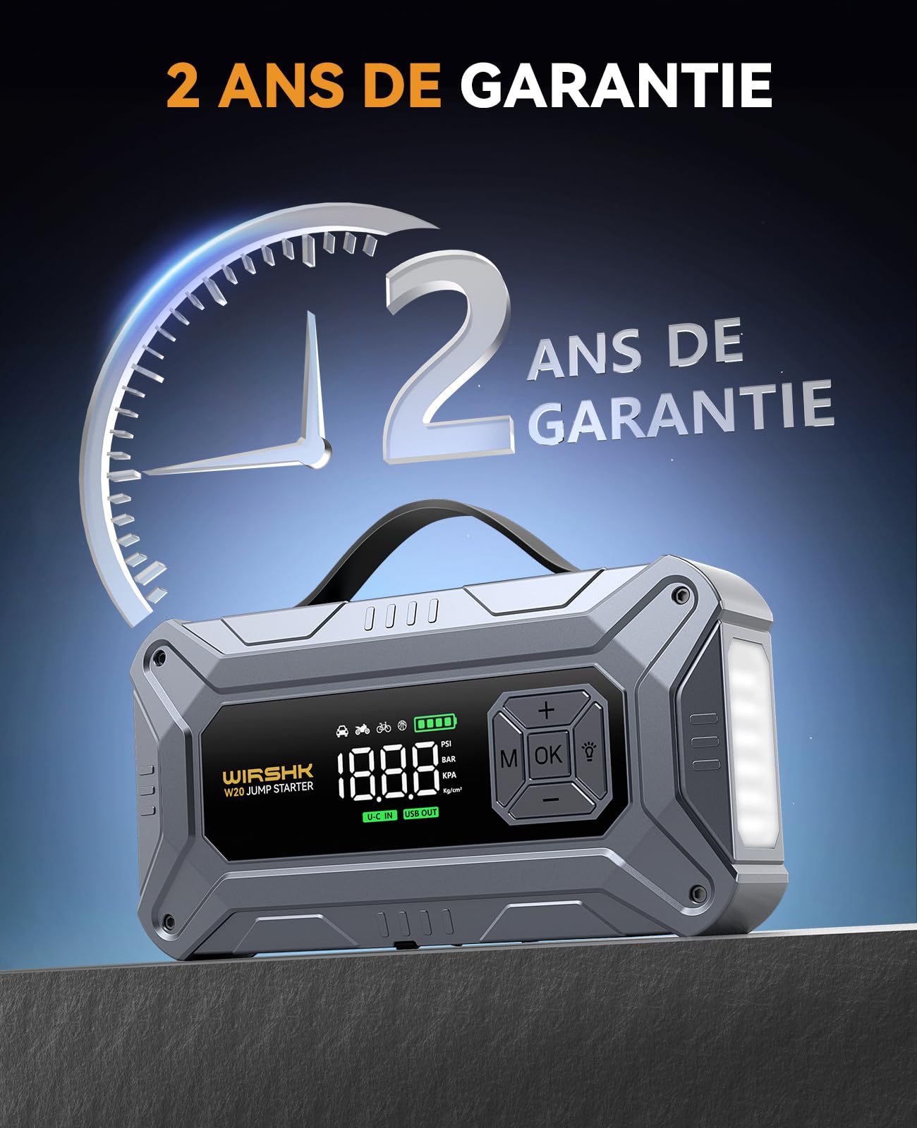 Booster Batterie Voiture 8000A avec Gonfleur Pneus 160PSI - Démarreur de Batterie - Compresseur Voiture - pour Moteurs Essence & Diesel jusqu'à 10L - Affichage LCD & LED de Secours | Pour tous les moteurs à essence et diesel de 10 l, 27 000 mAh, câble de