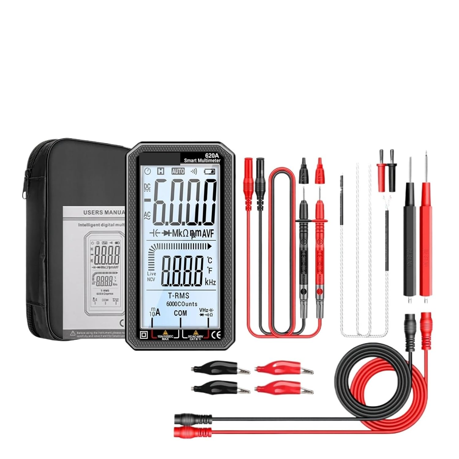 Universal Meter 620A Digital Fit for Smart 6000 Count Multimeter AC/DC V Meter Electrical Capacitance Temp Ohm Current Tester Tools Digital Universal Meter(620A Black pro)
