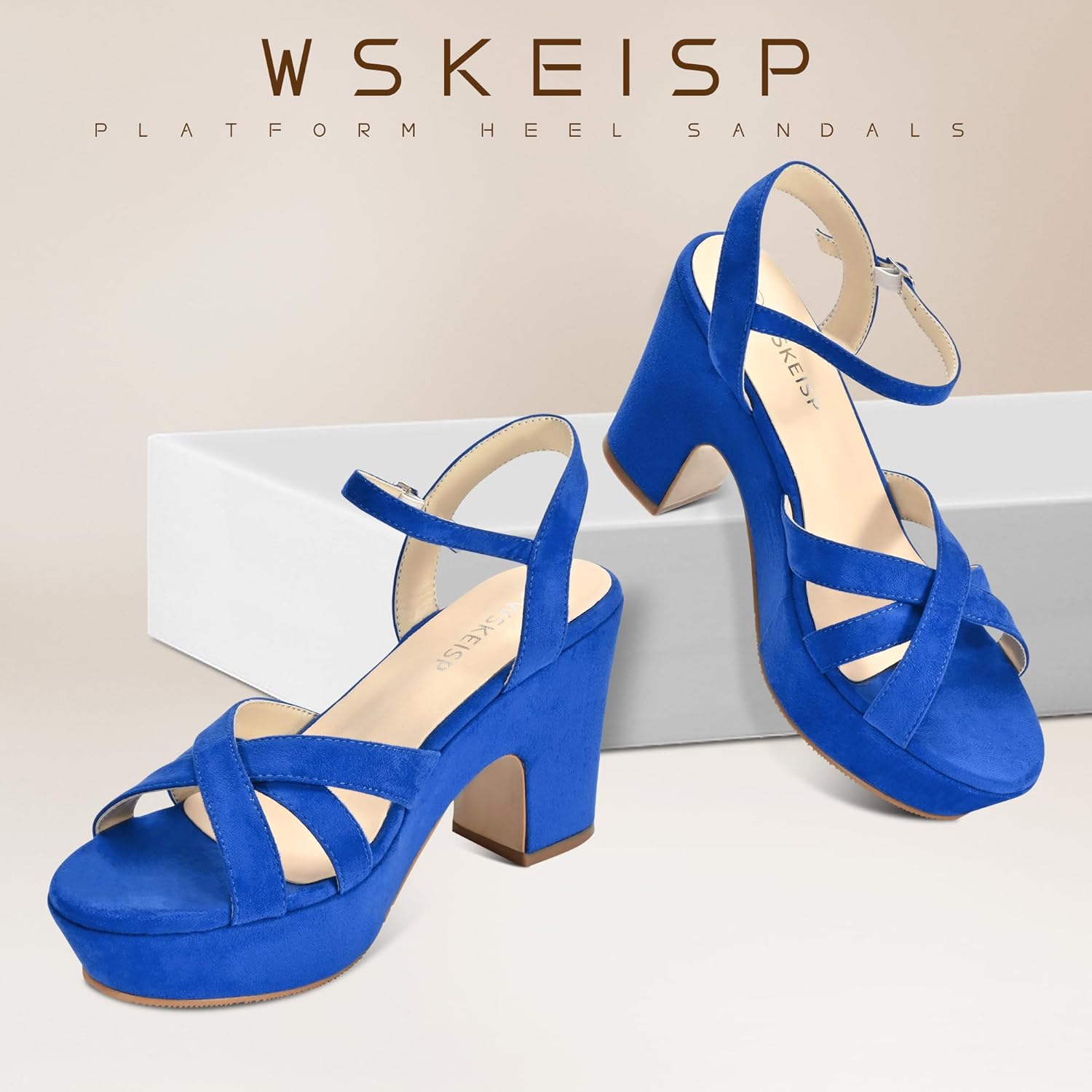 WSKEISP Women's Platform Heels Sandals Ankle Strap Block Chunky Heel Suede Peep Toe Fashion Dress Wedding High Heeled Wedges Pumps - Image 3
