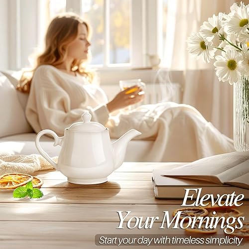Miniatura 4 de Flexzion Tetera de porcelana, tetera de cerámica con tapa, tetera personal para 2 a 3 tazas de té, tetera de cerámica blanca pura de 24 onzas, horno