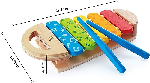 Miniatura 4 de Hape Xilófono arcoíris | Xilófono de madera de color arcoíris con palos antideslizantes y motivo de notas musicales, juguete musical para niños de