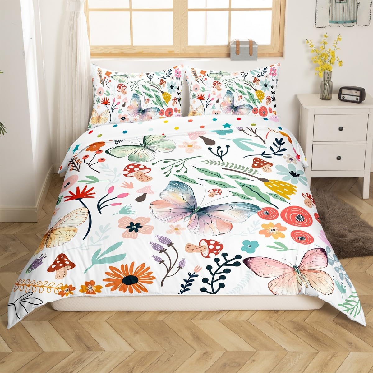 Erosebridal Kawaii Fox Duvet Cover Mushroom Floral Queen Bedding Sets for Girls,Cartoon Animal Comforter Cover Watercolor Flowers Leaves Toddler Bed Set for Girls Kids Children,Cute Room Decor