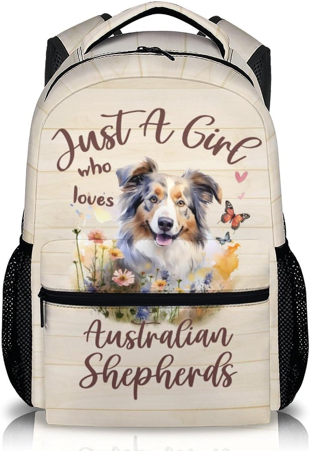 Cute Backpack for Dog Lovers, Cartoon Dog Theme Backpacks for Girls, 17" Australian Shepherd Print Bookbag for School, Beige Large Lightweight Daypack for Travel