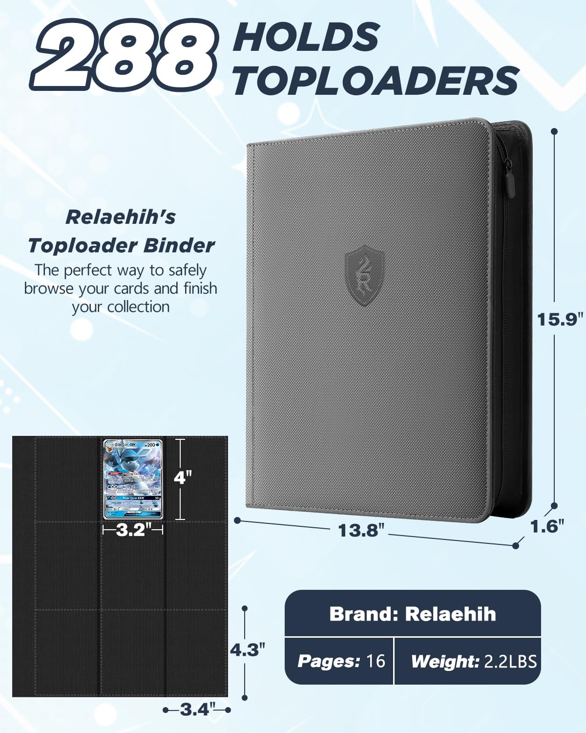 Carpeta de 9 bolsillos con cremallera – Capacidad para 252 cargadores superiores – Álbum de tarjetas de doble cara premium para tarjetas de intercambio, TCG, MTG, tarjetas deportivas (gris)