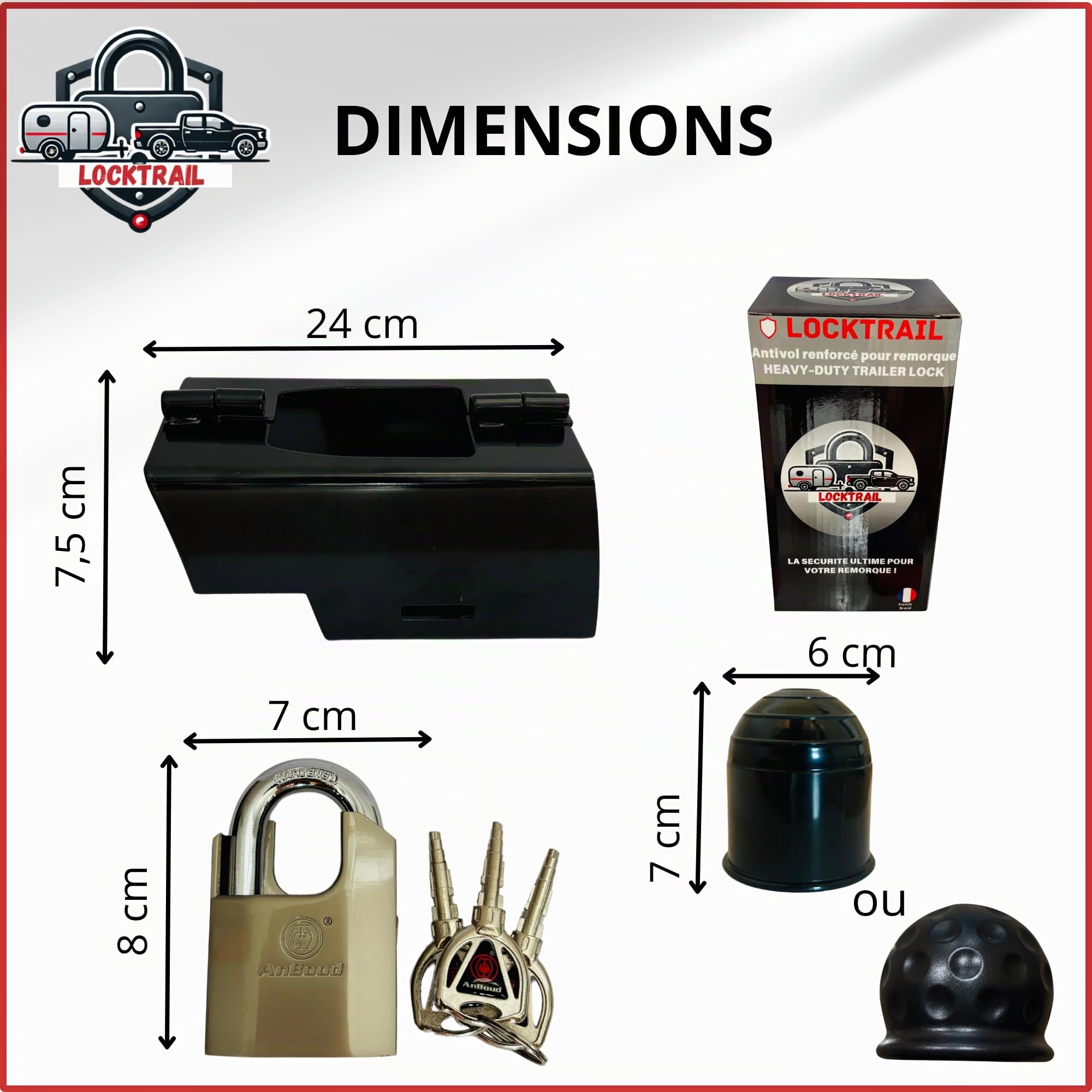 Antivol remorque universel en acier avec Cadenas haute résistance, Compatible remorque moto, voiture, caravane attelée ou non - Protection boule attelage offerte