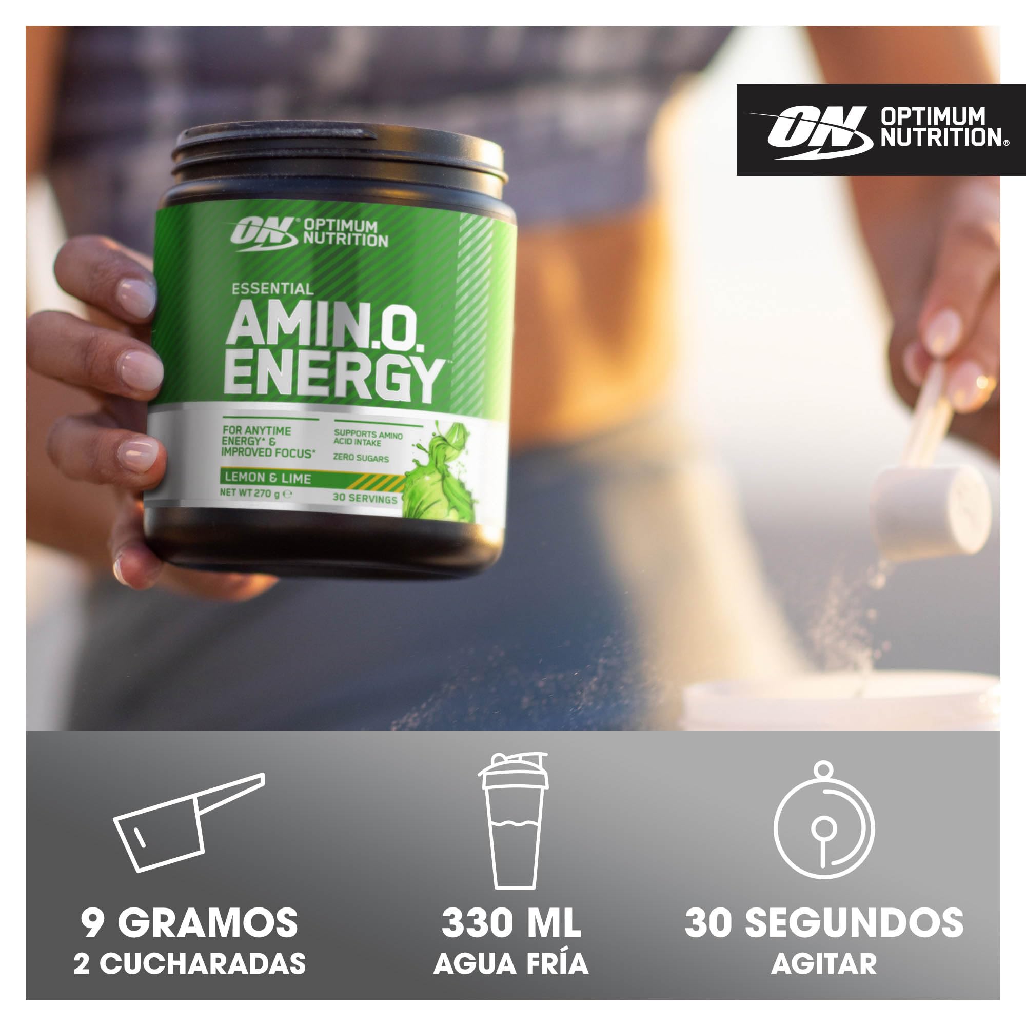 Optimum Nutrition Amino Energy Polvo Pre Entrenamiento, Bebida Energética con Aminoácidos, BCAA, L-Glutamina y L-Leucina, Complemento con Vitamina C y Cafeína, Sabor Fruit Fusion, 30 Porciones, 270 g