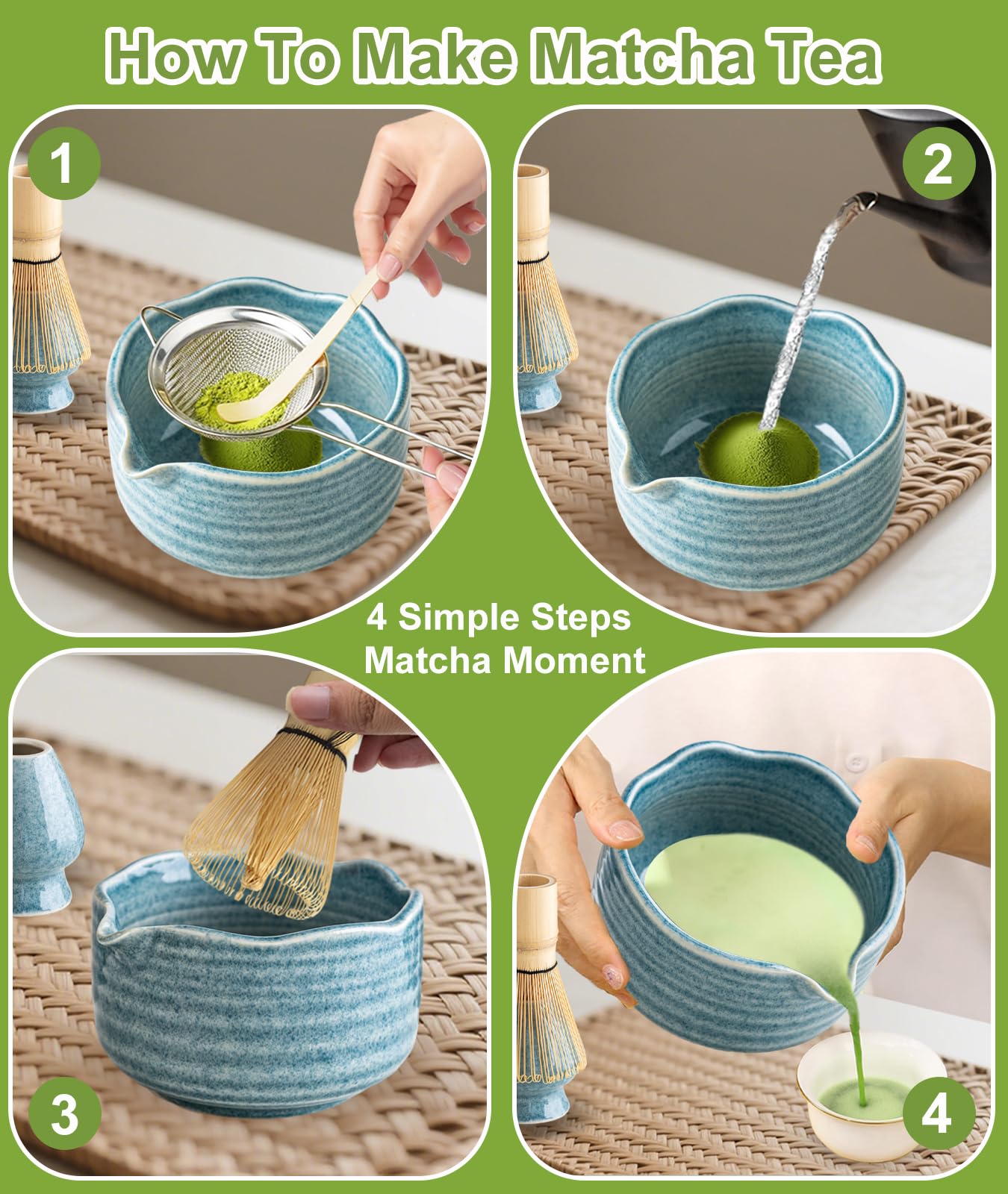 JBER Matcha Bezemset, 7-delige matcha bezem- en bezemhouder, matcha-schaal met uitloop, zeef, lepel en houder, Japanse matcha-theeset voor matcha- liefhebbers, beige-groen