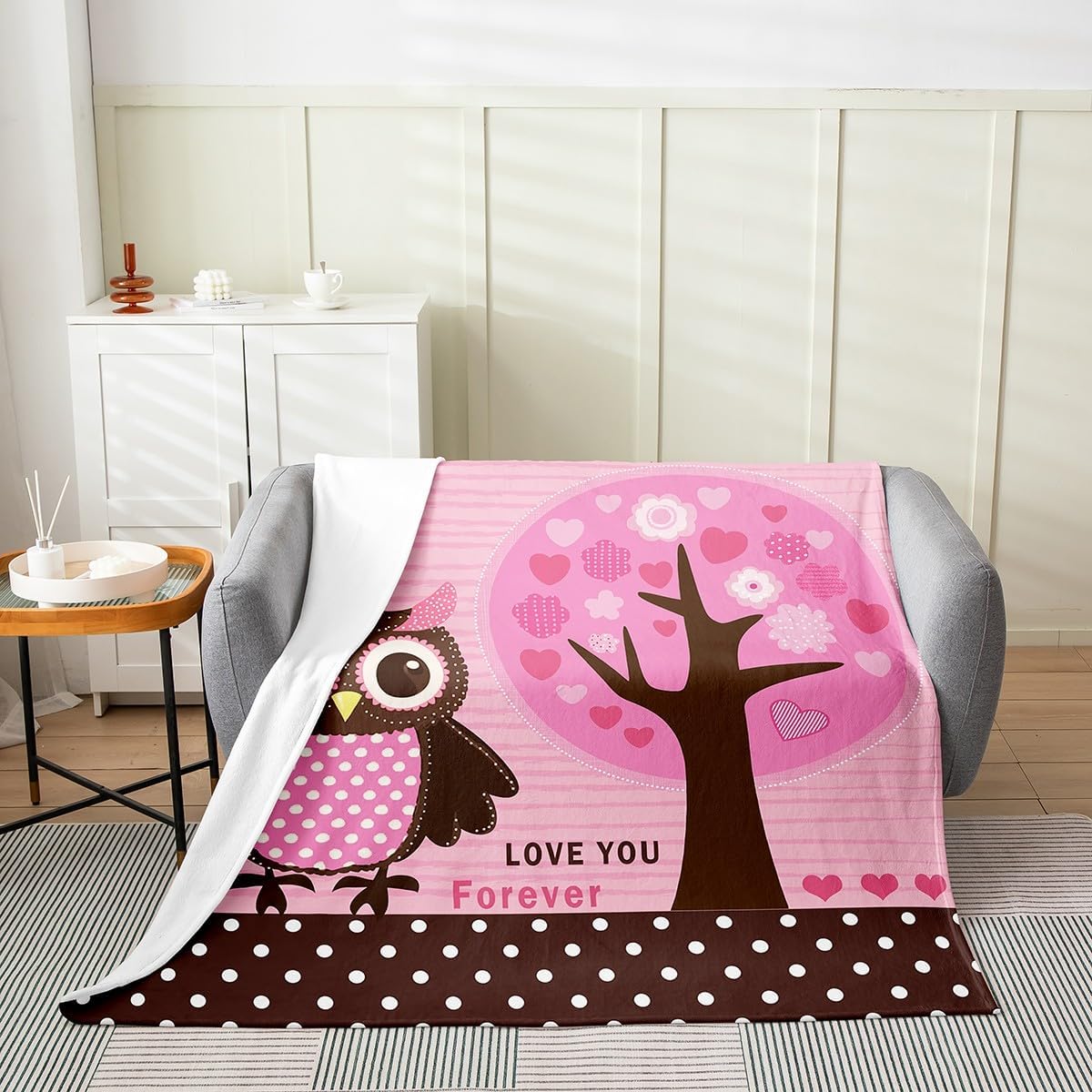 Cartoon Owl Fleece Blanket,Lovely Wild Animal Jungle Tree Bed Blanket for Kids Teens,Cute Daisy Flowers Pink Brown Polka Dots Stripes Flannel Blanket for Room Decor,Queen 90"x90"