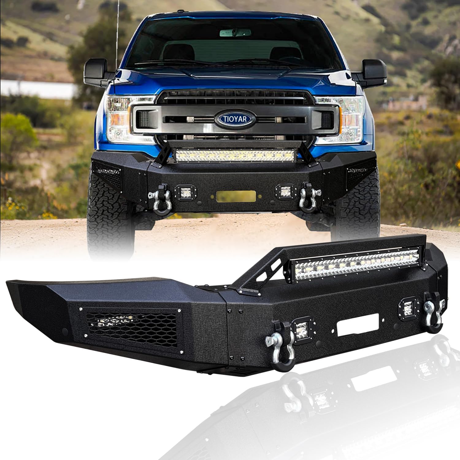 TIOYAR Front Bumper Black Texture Compatible with 2018 2019 2020 Ford F150 (Excluding Raptor) w/Winch Plate & 5 LED Lights & 2 4.75T D-Rings