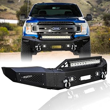 TIOYAR Front Bumper Black Texture Compatible with 2018 2019 2020 Ford F150 Excluding Raptor w/Winch Plate & 5 LED Lights & 2 4.75T D-Rings