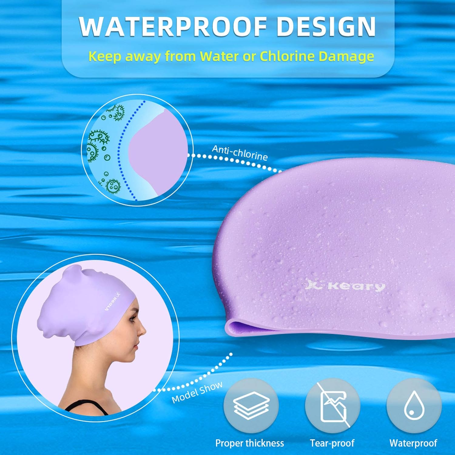 Keary 2 Pack Silicone Swim Cap for Long Hair Women Girls Waterproof Pool Swimming Cap Cover Ears to Keep Your Hair Dry, 3D Ergonomic Stretchable Durable and Anti-Slip, Easy to Put On and Off : Sports & Outdoors