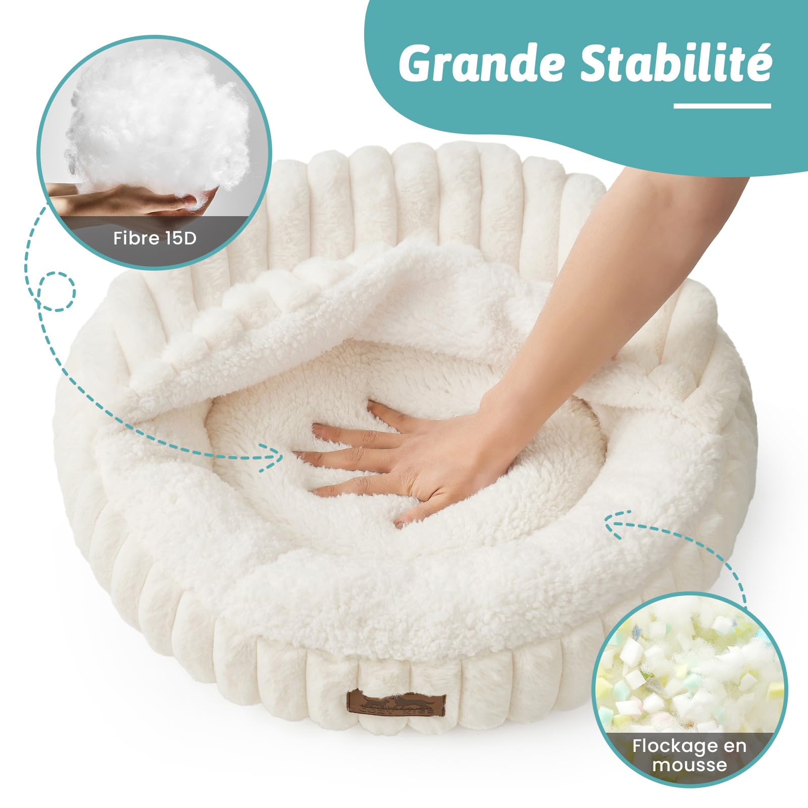COZY KISS Lit pour Chat avec Couverture 50x50x15cm - Panier Lavable Chat d’Intérieur, Coussin-Canapé Rond à Fond Antidérapant, Coussin Douillet et Apaisant avec Repose-Tête en Fausse Fourrure, Crème