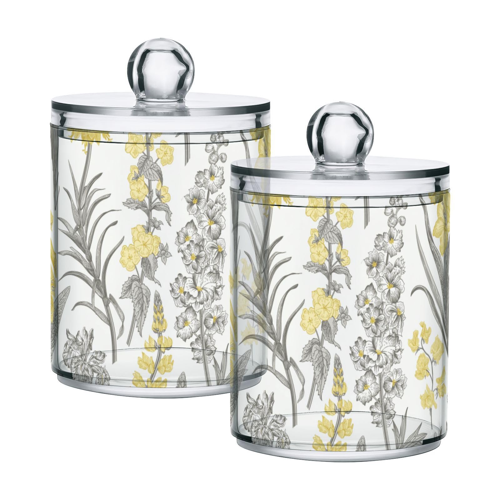 Jucciaco Vintage Yellow and Gray Flowers Canisters with Lids for Bathroom Vanity, Clear Plastic Jars Set of 2, for Cotton Balls, Cotton Pads, Qtips 4.13 x 2.75 inch