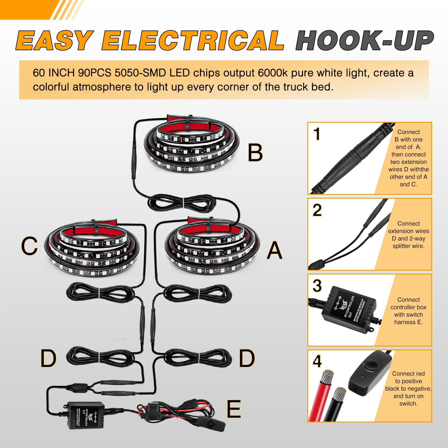 GOOACC RGB Truck Bed Light Strip 3PCS 60" 270 LEDs Neon Accent Lighting with RF Remote On/Off Switch Splitter Extension Cable for 12-Volt Car Cargo Pickup SUV RV Boat