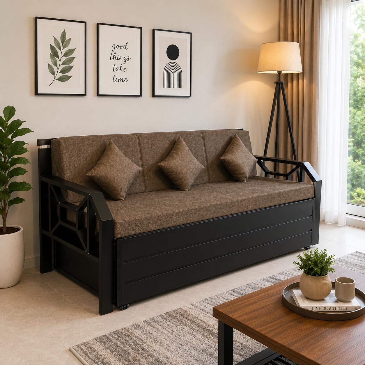 THE AMMA ENTERPRISES Metal Black Matte Finish Sofa Cum Bed with Hydraulic Storage and Mattress (Brown, 6X6 Feet, 3 Seater) _014-picture-24