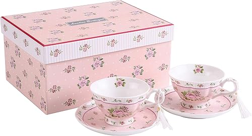 London Boutique Juego de 2 tazas de té y platillos de café, caja de regalo de porcelana vintage de flora rosa lavanda (juego de 2 unidades, rosa