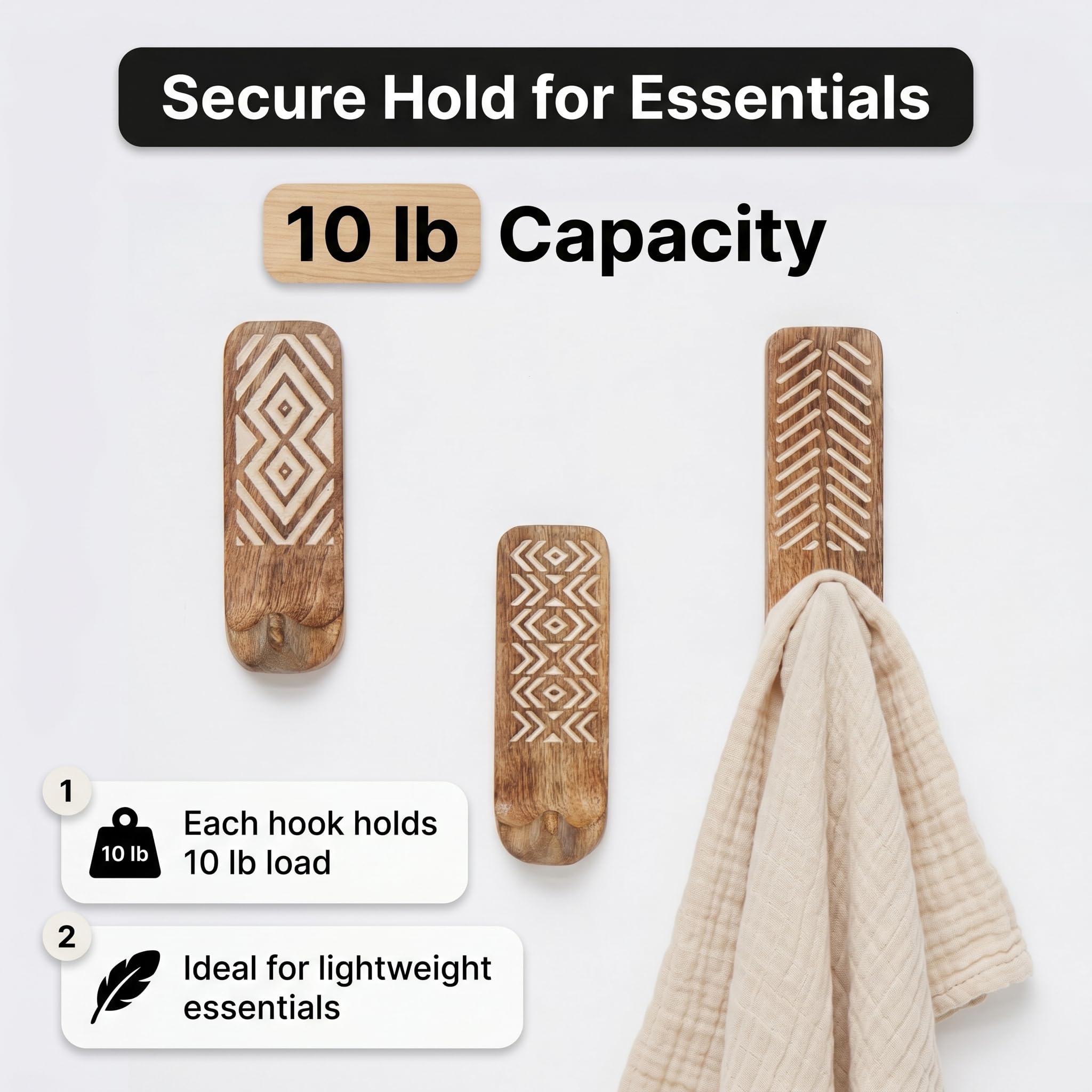 IndianShelf 3 Decorative Boho Wood Adhesive Wall Hooks No Drill Damage Free — Amazon image 2