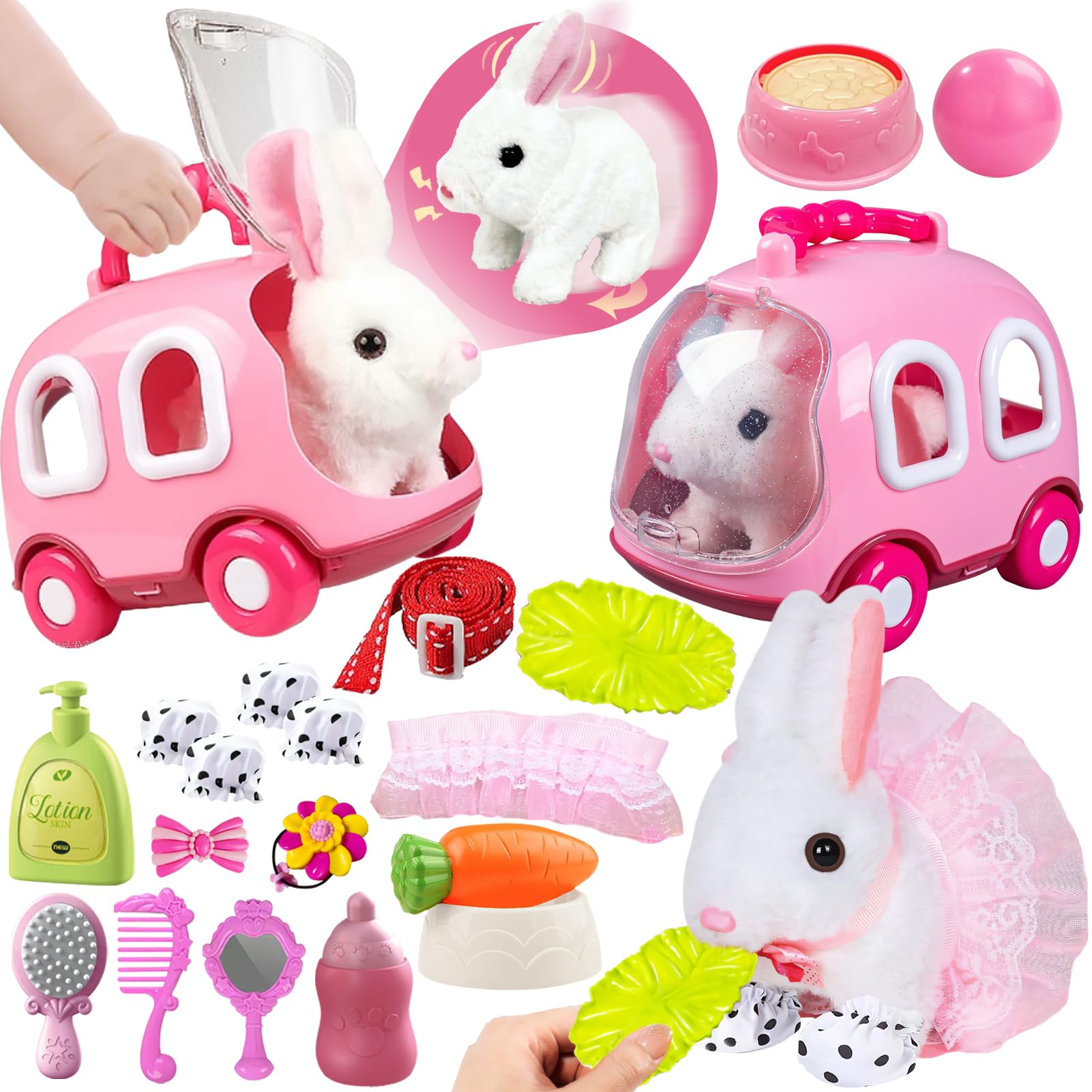 STAY GENT 21Piezas Conejo Interactivo Juguete con Jaula, Conejo Peluche Animales Que Salta y Menea Orejas, Pets Alive Bunny Mascota Interactiva Juego Semana Santa Regalos Niños Niñas 2 3 4 5 6 Años