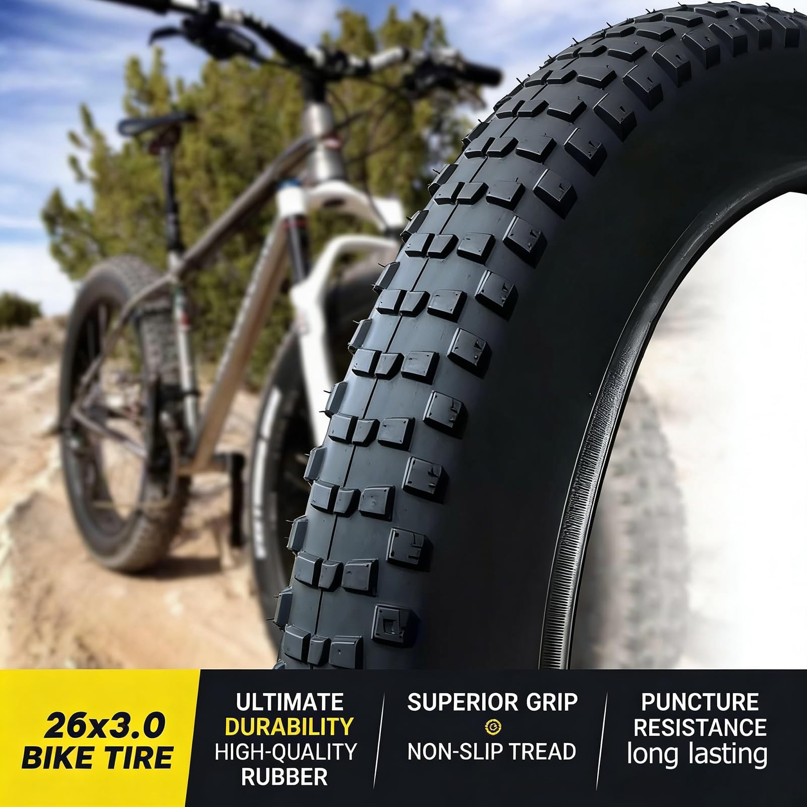 2PCS 26x3.0 Opona Przeciwprzepuklinowa do E-Roweru, Roweru Górskiego, Śniegu i Piasku Wzmocniona Ściana Boczna, Wzór All-Terrain, Kompatybilna z Tubeless(TIRE AND TUBE)