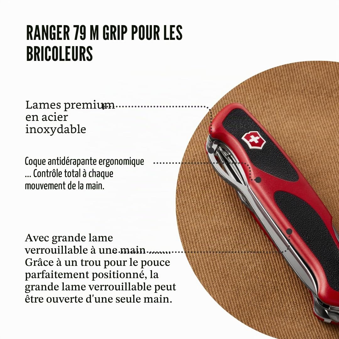 Victorinox Ranger Grip 79 Couteau multifonction de Poche Suisse, Multitool, 12 Fonctions, Lame Fixe, Ouverture Une Main, Rouge/Noir