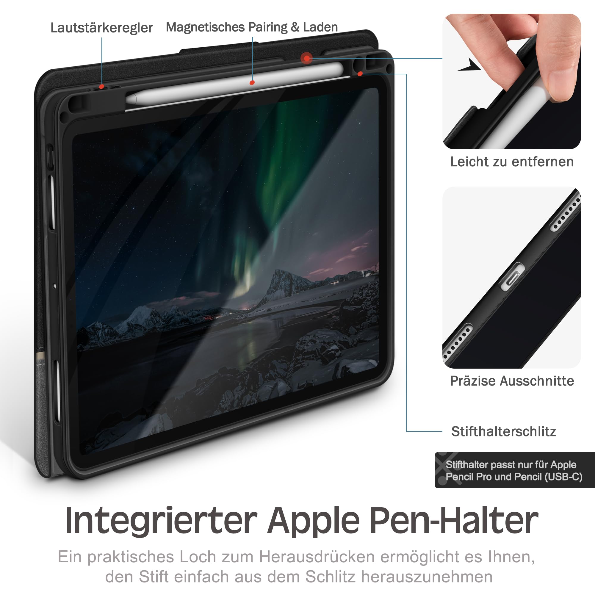 KingBlanc Hülle für iPad Pro 11 Zoll M5 2025/M4 2024 Schwarz | Design im Notizbuchstil, Stifthalter, PU Leder, Verstellbarer Ständer, Auto Schlaf/Wach, Unterstützt Pencil Pro/USB-C