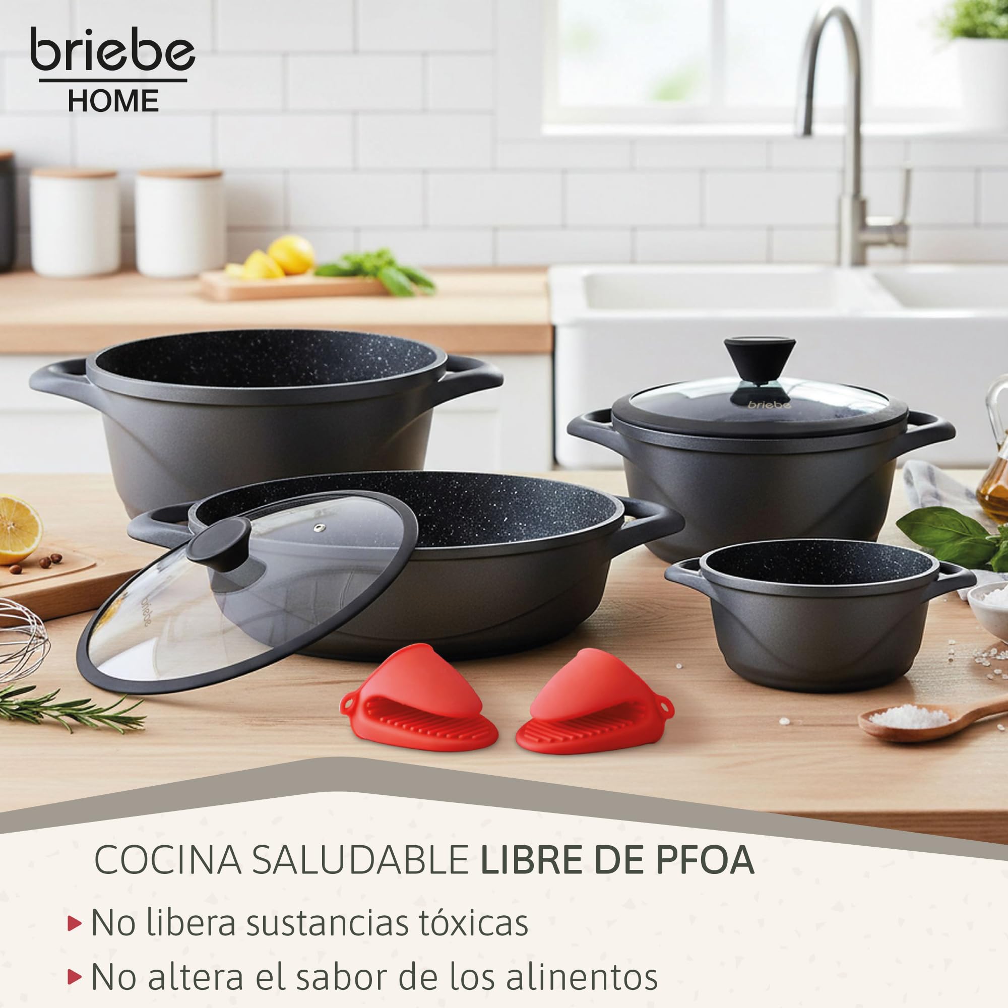 briebe Batería Cocina Inducción 8 Piezas, Juego 4 Ollas Aluminio Fundido, Antiadherente ILAG GRANITEC sin PFOA, Set Cazuelas Tapas Cristal, Guantes Silicona, Vitrocerámica, Gas, Horno, MGK-17S