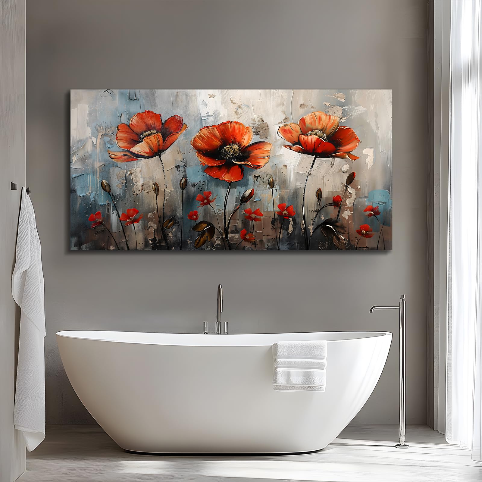 MHARTK66 Tableau Decoration Murale Salon Moderne, 50x100 cm Grand Impression sur Toile, Cadre Decoration Murale Fleurs Rouges en Fleurs, Décoration de Chambre Bureau Salle De Bain Maison Décorations