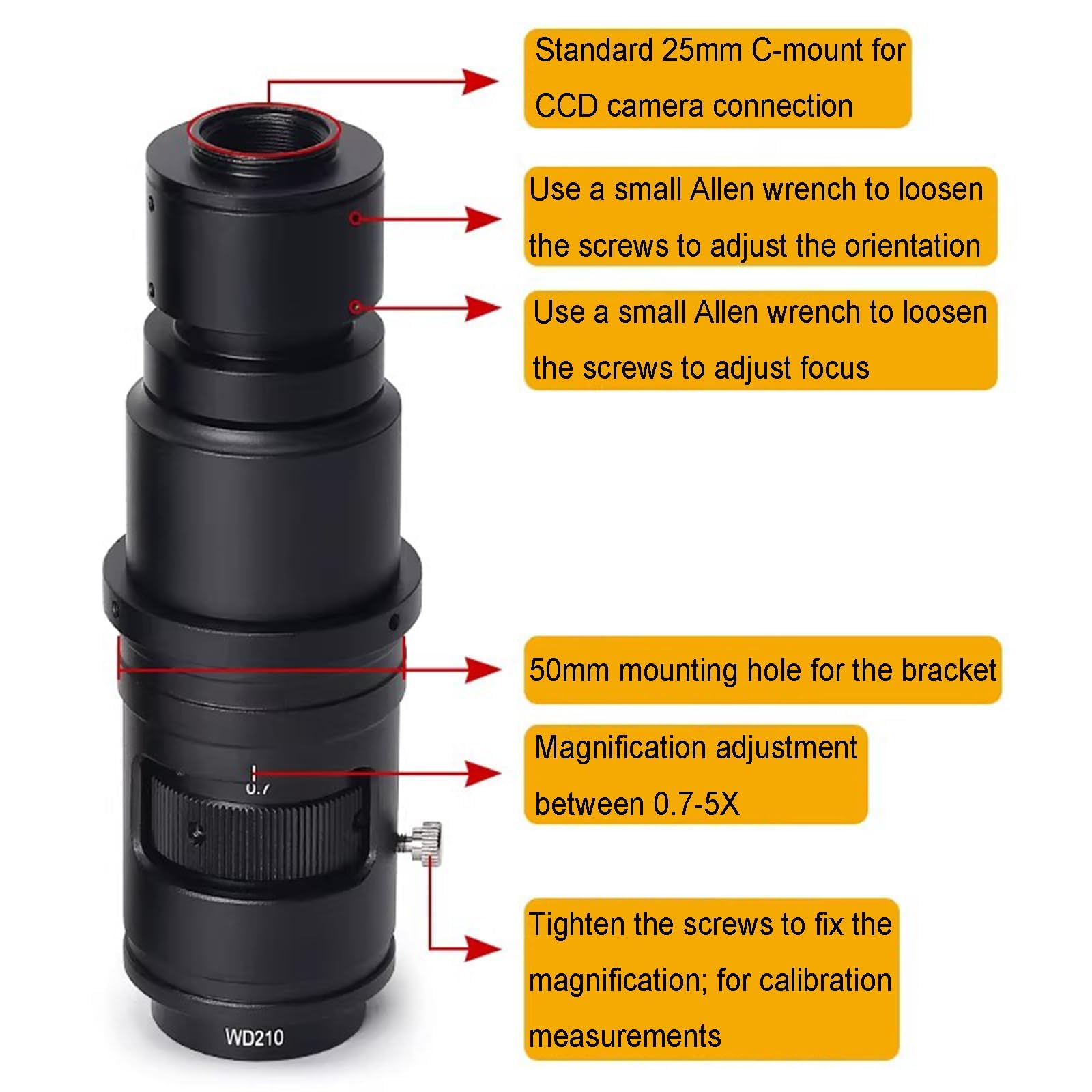 Lente de zoom para cámara de microscopio, ocular monocular ajustable de 0.7-5X, accesorio de laboratorio industrial