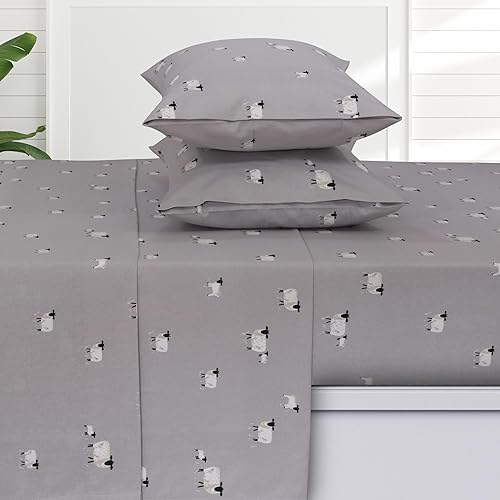 Tribeca Living Juego de sábanas de franela estampada, súper suave, 100% algodón, bolsillo extra profundo ajustado con plano de gran tamaño, oveja