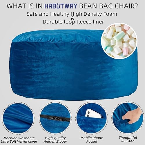 Miniatura 4 de HABUTWAY Bean Bag Chair Giant 5' Memory Foam Furniture Bean Bag Chair para adultos con cubierta de microfibra - 5 pies, azul