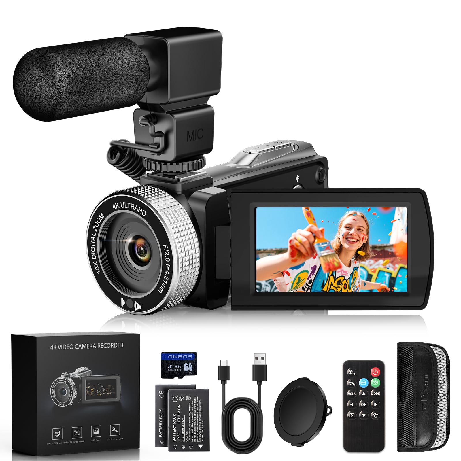 ZIMOCE Caméscope 4K 60FPS 64MP – Zoom Numérique 21X, écran Rotatif 270°, 2 Batteries + Carte 64Go Incluse