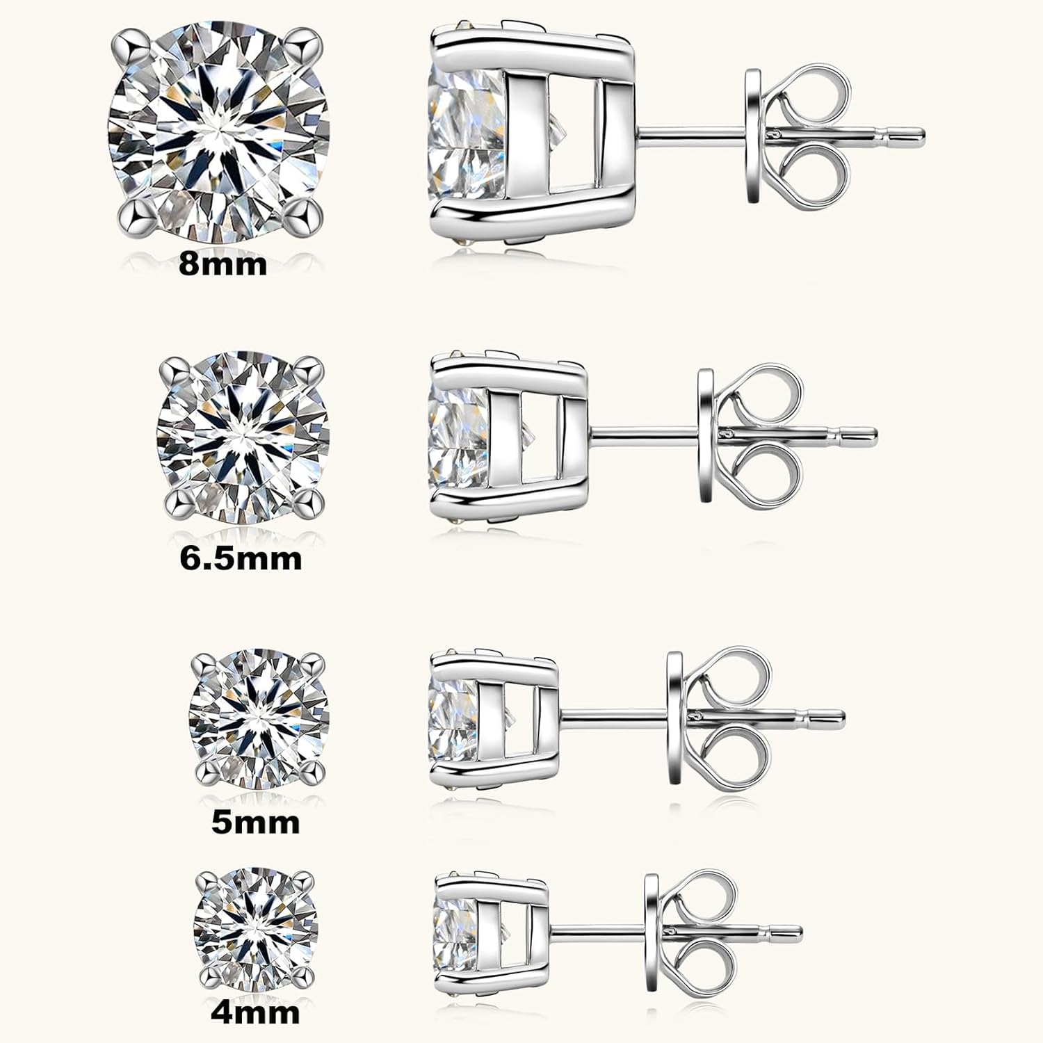 Moissanite Stud Earrings, 0.6ct-4ct D Color Round Cut Moissanite, 925 Sterling Silver 4 Prong Stud Earrings for Women or Men - Image 3