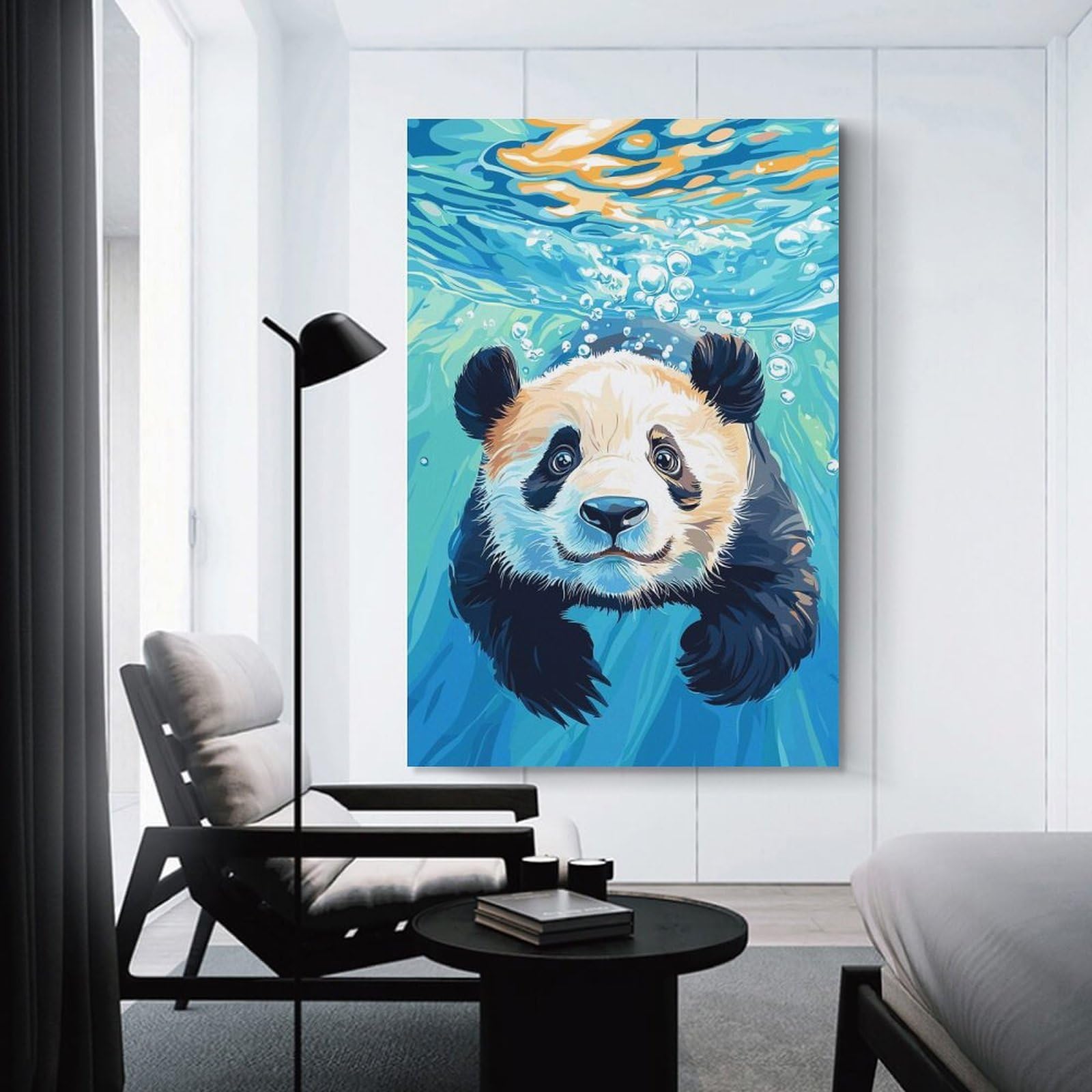 Junmoney Panda Swimming Underwater Illustration Canvas Art Print 08x12inch(20x30cm), for Bedroom Walls, Guest Spaces Or Lounges, Home Artwork with A Soft Interior Feel