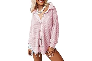 Waffle Knit Shacket Jacket for Womens, Casual Long Sleeve Button Down Shirts Dressy Blouses Tops