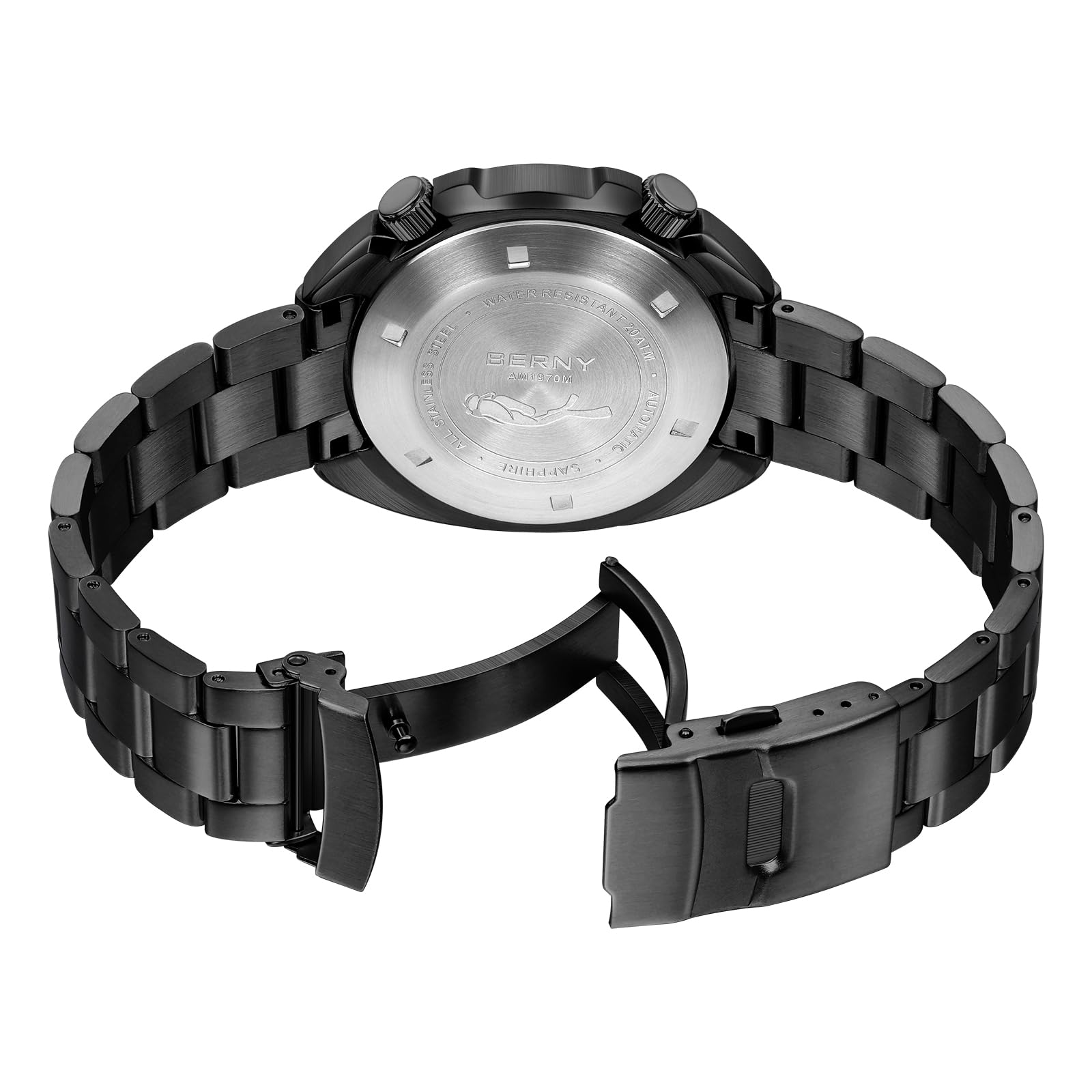 BERNY Reloj Automático Hombre Reloj De Buceo Todo Negro 200M Resistente Al Agua Reloj Analógico Mecánico De Pulsera Masculino con Fecha Super Luminosa Correa De Fluoroelastómero