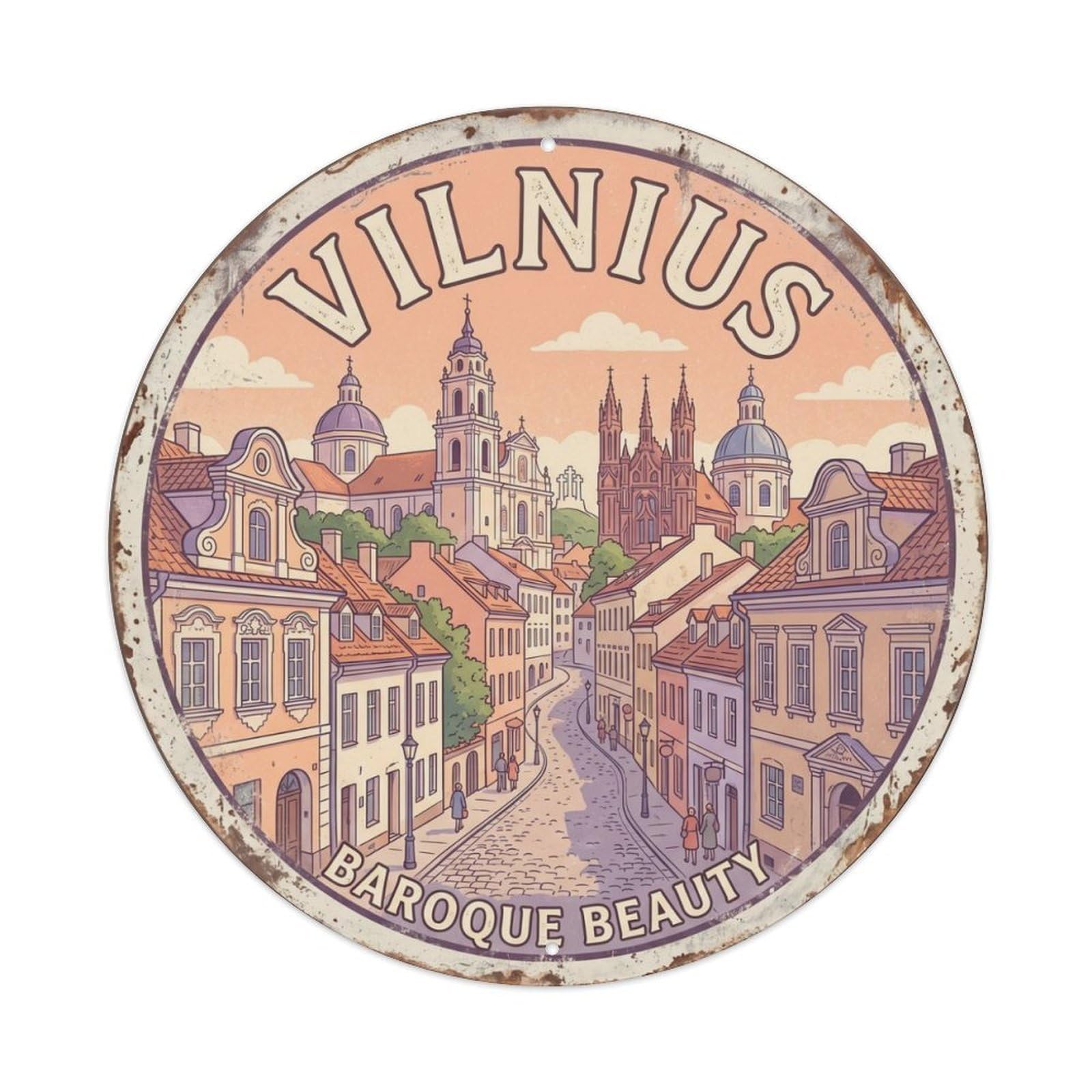 Vintage Travel Vilnius Lithuania Historic Metal Tin Sign Plaque Wall Decor for Cafe, Club Bar, Office, Home Garden Round Metal Poster 8x8Inch