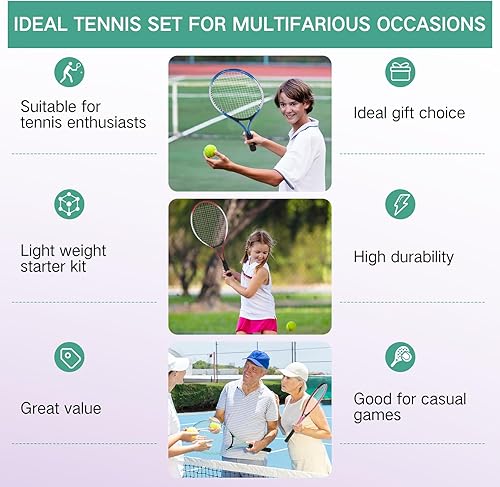 Miniatura 5 de 16 raquetas de tenis para adultos recreativas para 8 jugadores, raqueta de tenis de 27 pulgadas, raqueta de tenis ligera a granel con 8 pelotas de
