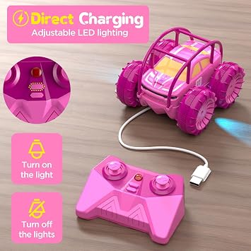 MaxTronic Direct Charging Remote Control Cars, 360° Flip Waterproof Stunt Car with ON/OFF Cool LED, Monster Truck 2.4GHz 4WD Indoor Outdoor Kids RC Toy Gift ideas for kids age 3 4 5 6 7 8