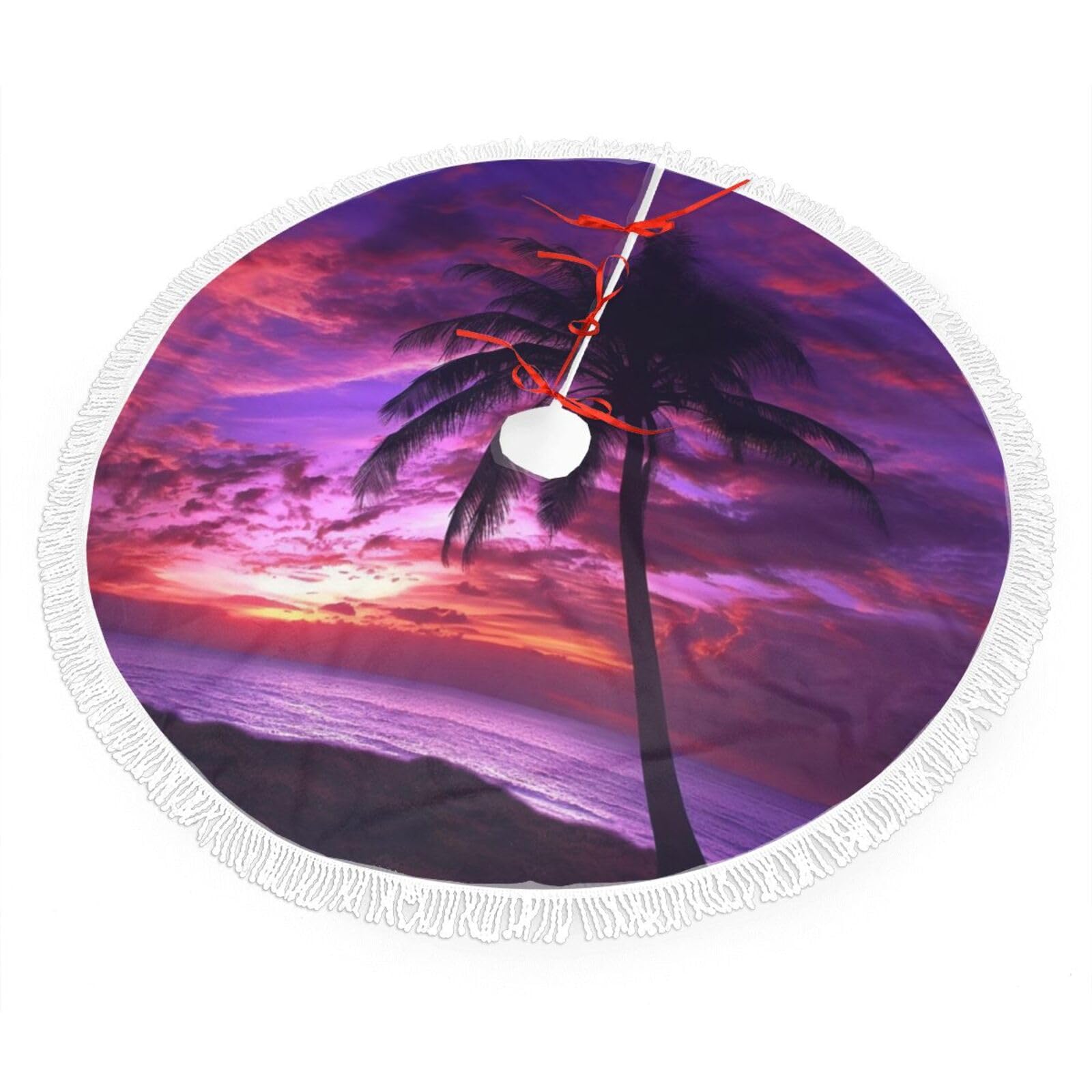 Palm Tree Purple Sunset Christmas Tree Skirt 48", Soft Plush Xmas Tree Carpet with Tassel Christmas Ornaments Winter Holiday Tree Mat Decoration for Home Party Supplies
