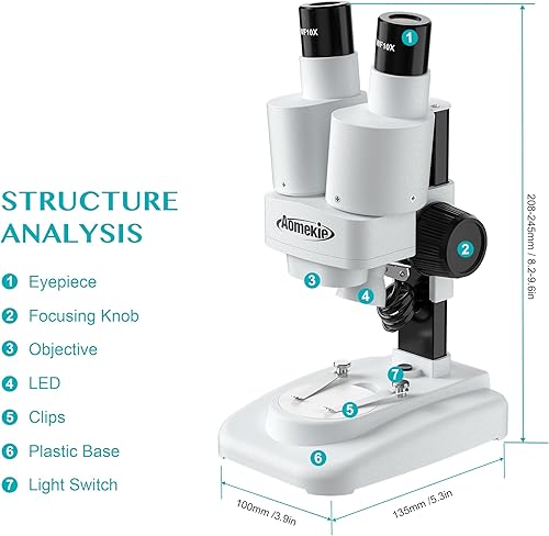 Miniatura 7 de Aomekie Microscopio 20X 50X con 10 piezas Diapositivas Insecto Espécimen Estéreo Microscopio con Oculares WF Fuente de Luz LED Estereoscopio