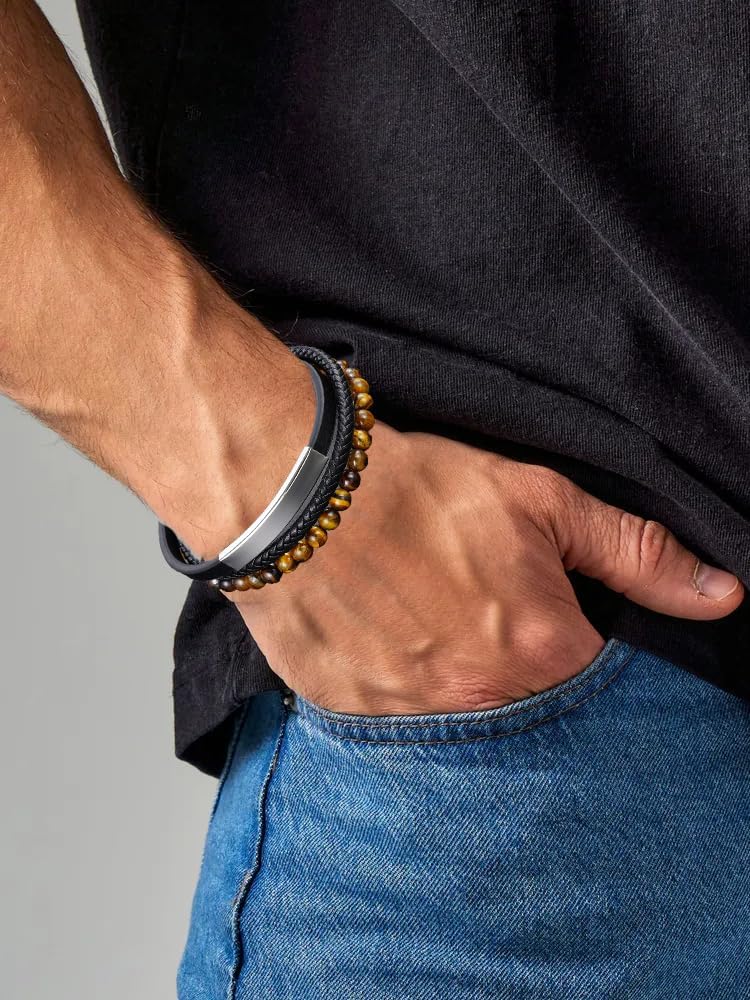 Tiger Eye Bracelet for Men,Stainless Steel Buckle Natural Men's Tiger Eye Stone Beaded Cuff Black Woven Leather Multi-Layer Bracelet 21 cm/8.26 inches - Image 5