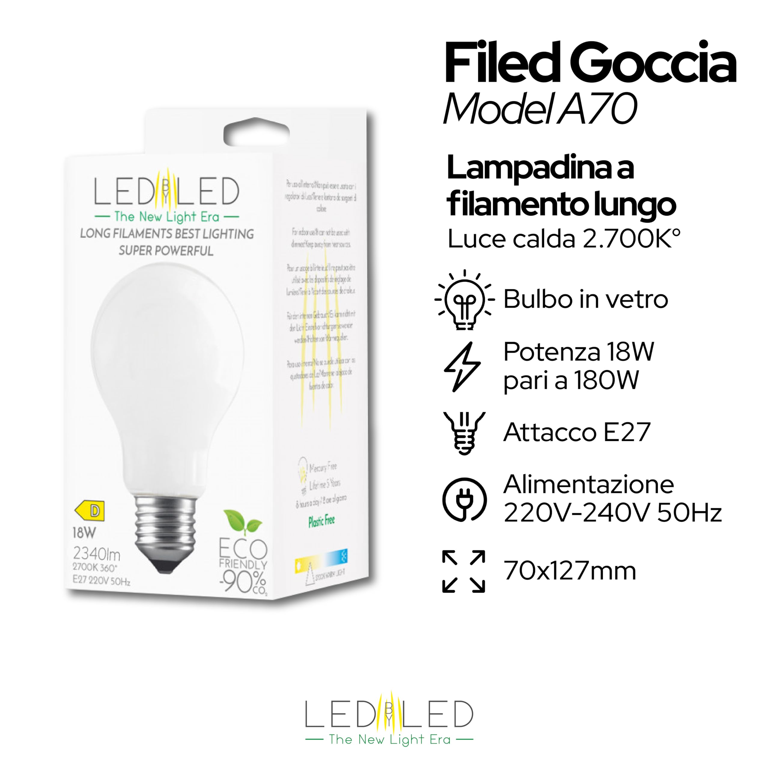 Lampadina Goccia 18W Pari a 180W, E27, Vetro Milky, 2700K Luce Calda, filamento LED dritto, 2452 Lumen, Pack 10 Pezzi