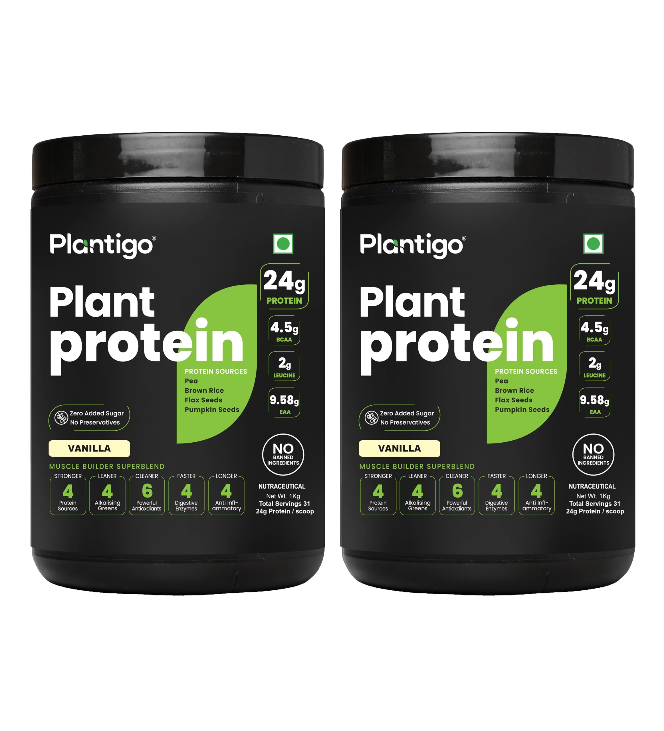 Plantigo Clean Plant Protein Powder | No Preservatives, No Banned Substances | Super Protein Blend Pea Protein, Brown Ri
