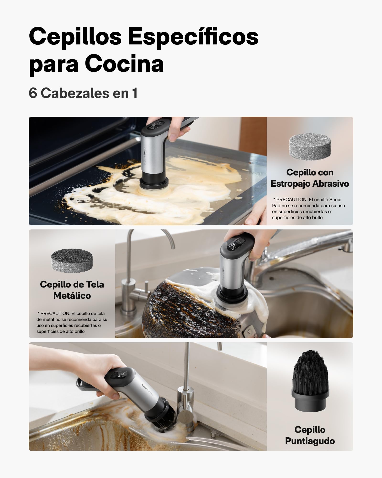HOTO Grip™ Cepillo Eléctrico de Limpieza Hogar, IPX7 Impermeable, Cepillo Limpieza Eléctrico Ligero (0.29 kg) con 6 Cabezales, para Limpieza de Cocina, Vajilla, Encimera, Parrilla, Placa, Baldosas