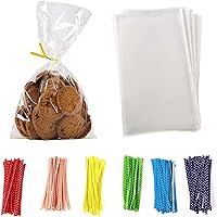 Brandon-Super 100 Pack 8x6 Inch Clear Cellophane Treat Bags with Metallic Twist Ties for Cookies, Candies, Bakery & Parties